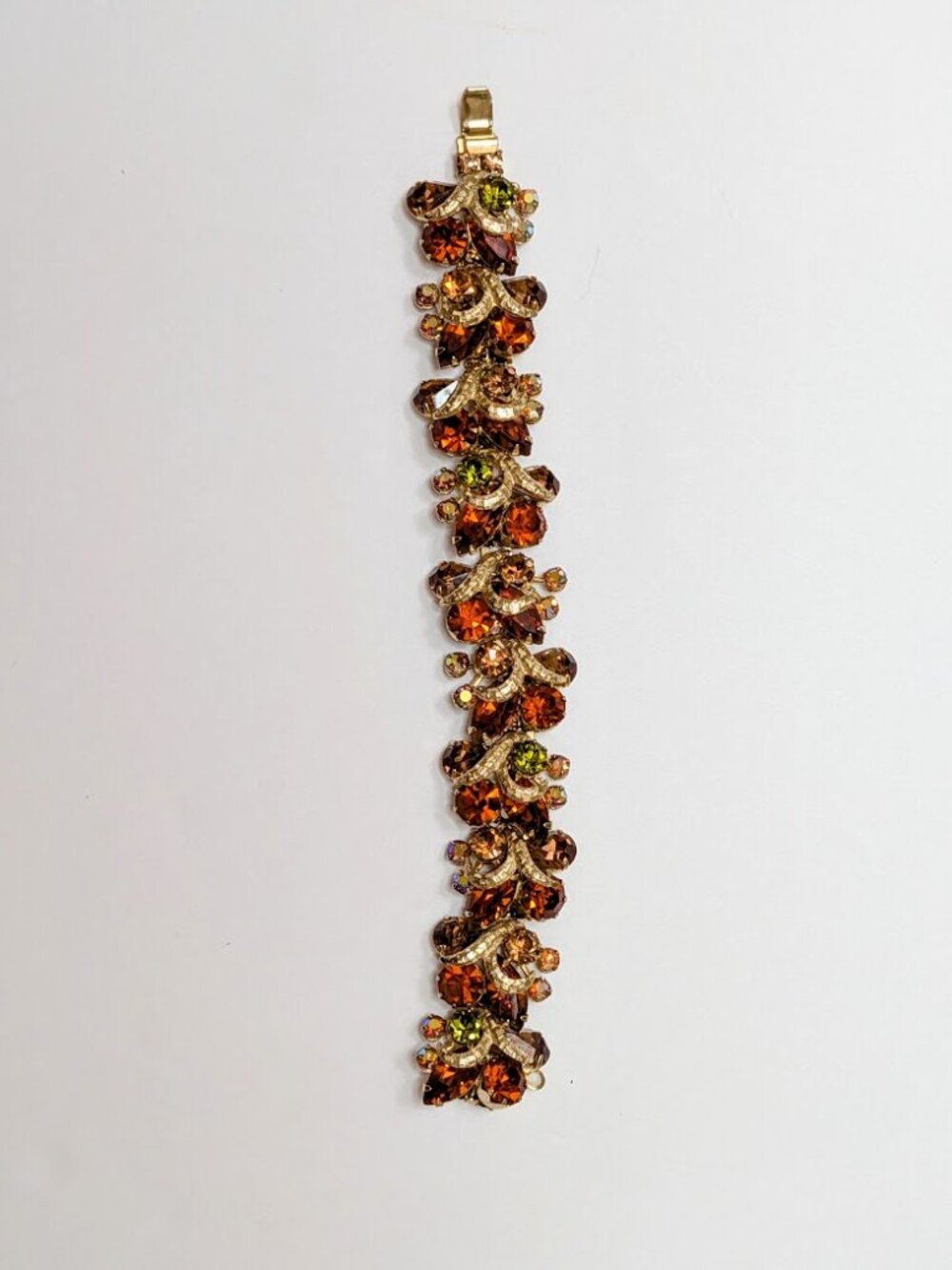 Vintage WEISS Rhinestone Bracelet Amber Brown Green AB Crystal 7”